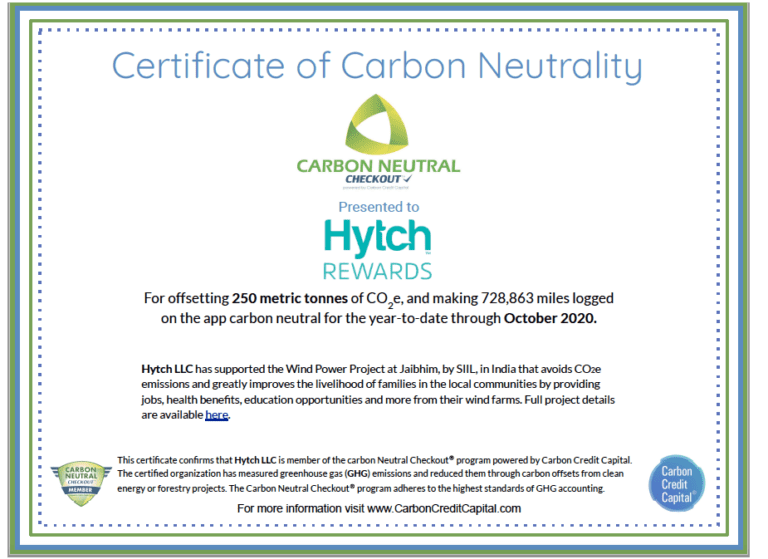Certificate of Carbon Neutrality from Carbon Credit Capital Hytch Rewards